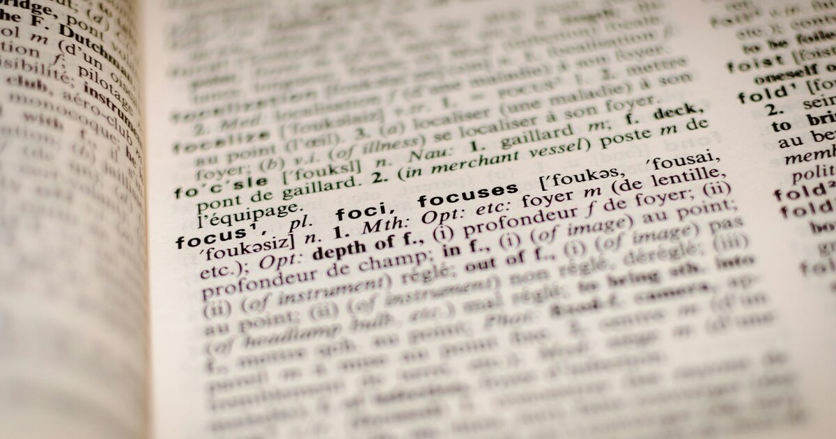 Close focus on a dictionary index page showing alphabetical entries
